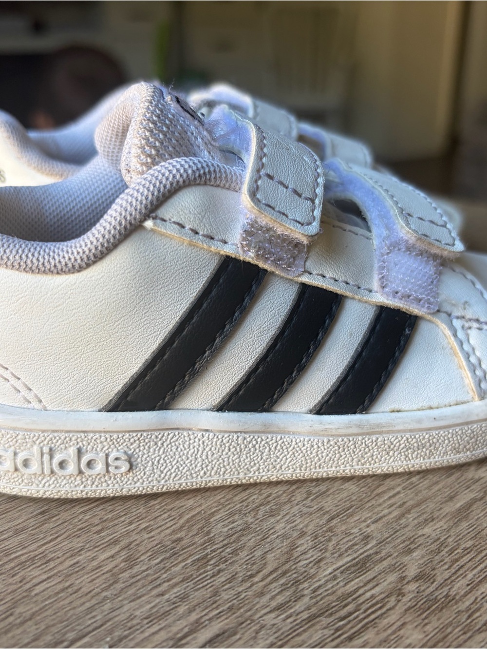 adidas Kids White Sneakers with Black Stripes - Velcro